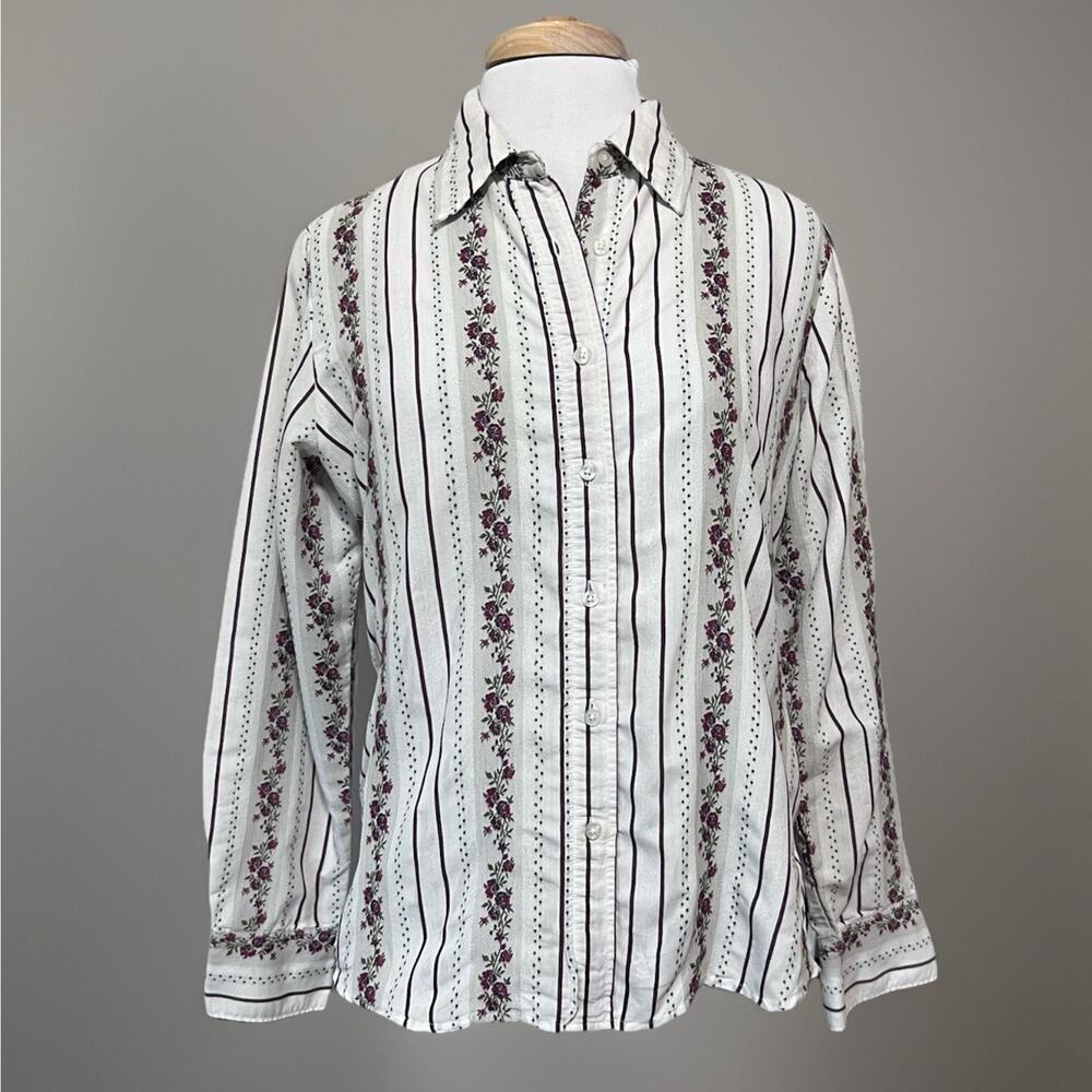 Womens Large Folk Western Petit Point Embroidery Cottagecore Button Down Shirt